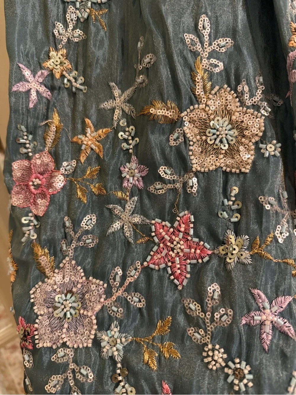 Embroidered Teal Floral Lehenga Dress Set with Pink Trim